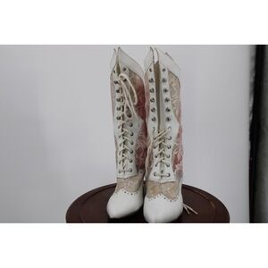 Victorian Lace Up Mid Calf Boots Womens Size 4 White Pink Lace Heels Costume